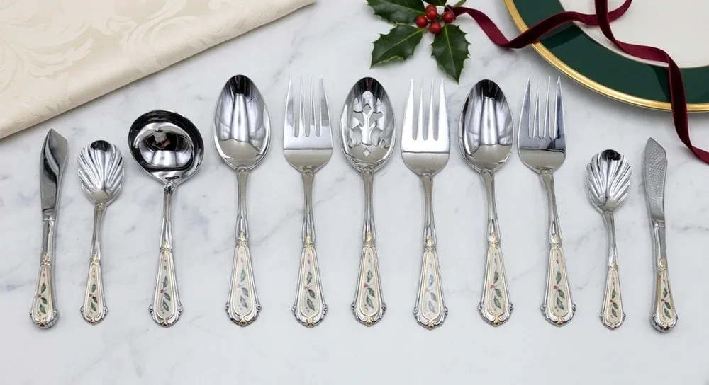 Lenox Holiday 18/8 Stainless Steel Serving Flatware Set of 11 Holly Gold Accent
